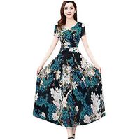 SADUORHAPPY Women's Dresses 3/4 Sleeves O-Neck Floral Print Vintage Elegant Midi Evening Dress Blue