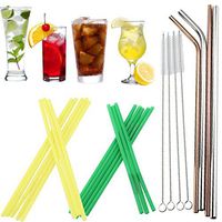 Flexible Straws With Stainless Steel Threaded Drinking Straws Metal Cleaner Brush (2pcs Straight Stainless Straws +2pcs Bend Stainless Straws+4pcsCleaner Brushs+100pcs Straws) (Yellow)