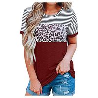 Meikosks Ladies Stripe Leopard Color Block T Shirt Short Sleeve Crewneck Blouses Splice Tops Wine
