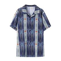 Men's Short Sleeve Shirts Ethnic Printed T-Shirt Casual Button Down Dress Shirts Colorful Stripe Loose Tops (2XL, Blue)