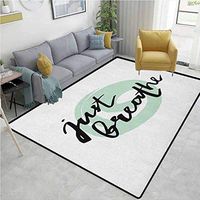 YucouHome Just Breathe Flowers Area Rug Nonslip Pads, Inspirational Positive Saying with Modern Brush Calligraphy Art, Fashionable High Class Living Dinning Room(6'x 9') Mint Green Black White