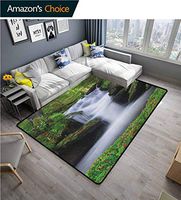 YucouHome Waterfall Geometric Door Mats Area Rug, Dream Like Image of Waterfall with Trees and Flowers in Forest Mother Nature, Fashionable High Class Living Bedroom Rugs(2'x 6') Green White