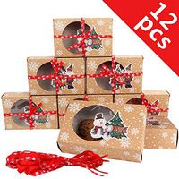 OurWarm 12pcs Christmas Cookie Gift Boxes Treat Boxes for Holiday Gift Giving and Christmas Party Supplies, Christmas Kraft Paper Food Bakery Boxes with Clear Window, Oilpaper and Ribbons