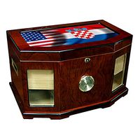 Large Premium Desktop Humidor - Glass Top - Flag of Croatia (Croat) - Waves with USA Flag - 300 Cigar Capacity - Cedar Lined with Two humidifiers & Large Front Mounted Hygrometer.