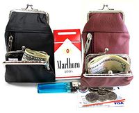 Two Color Pair Leather Cigarette Case with Coin & Lighter Pocket -Black + Wine Color