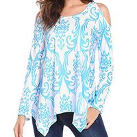 FRCOLT Blouse, Women Casual Cold Shoulder Long Sleeve Pattern Print Shirt Tunic Tops (2XL, Blue)