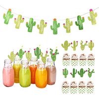YOUTH UNION 16Pcs Cactus Cupcake Toppers Cupcake, 16Pcs Prickly Cactus Party Paper Straws and 1 Pack Cactus Banner for Luau Hawaii Birthday Summer Theme Party Festival Decoration
