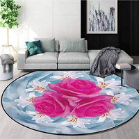 Rose Machine Washable Round Bath Mat,Graphic of Roses and Lilies with Soft Pastel Colors Nature Blooms Springtime Theme Non-Slip No-Shedding Bedroom Soft Floor Mat,Diameter-35 Inch