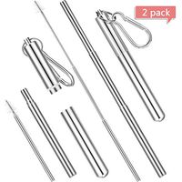 2 Set Portable Stainless Steel Straw Reusable Drinking Straws Telescopic Metal Straw with Cleaning Brush，Stainless Steel Carrying Case and Keychain (Silver)