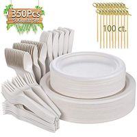 Gezond 350 Pcs Disposable Paper Plates Skewers Biodegradable Sugarcane Dinnerware Set Compostable Heavy Duty Paper Plates, Forks, Knives, Spoons, and Bamboo Toothpicks for BBQ Picnic