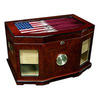 Large Premium Desktop Humidor - Glass Top - Flag of Qatar (Qatari) - Wood with USA Flag - 300 Cigar Capacity - Cedar Lined with Two humidifiers & Large Front Mounted Hygrometer.