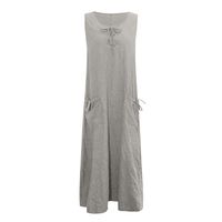 Hot Women Casual O-Neck Cotton Linen Solid Sleeveless Skirt Bohemian Loose Pocket Bandage Dress (Gray, M)