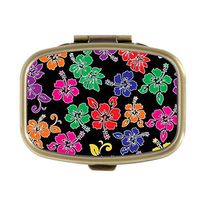 Cecillia Colorful Tropical Flowers Decorative Boxes Bronze Rectangular Pill Box Medicine Tablet Holder Wallet Organizer Case for Pocket or Purse