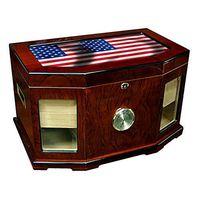 Large Premium Desktop Humidor - Glass Top - Flag of United States American USA - Waves with USA Flag - 300 Cigar Capacity - Cedar Lined with Two humidifiers & Large Front Mounted Hygrometer.