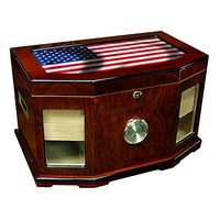 Large Premium Desktop Humidor - Glass Top - Flag of United States American USA - Waves Design - 300 Cigar Capacity - Cedar Lined with Two humidifiers & Large Front Mounted Hygrometer.