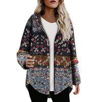 CrazyFashion Plus Size Women Floral Long Sleeve Button Hooded Coats T Shirt Vintage Navy