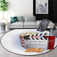 Movie Theater Modern Machine Washable Round Bath Mat,Soda Tickets Fresh Popcorn and Clapper Board Blockbuster Premiere Cinema Non-Slip Living Room Soft Floor Mat,Round-71 Inch
