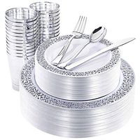 NERVURE 150 Piece Silver Lace Plastic Plates & Silver Plastic Silverware, Service for 25 Guests : 25 Dinner Plates,25 Dessert/Salad Plates 25 Forks,25 Knives, 25 Spoons, 25 Cups.