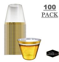 Clear Plastic Cups with Gold Rim ~ 100 Pack ~ Disposable Cups, Ideal for Weddings, Parties and Outdoor Events - 9oz Old Fashion Fancy Tumblers - Elegant Party Cup | by WesternHousehold