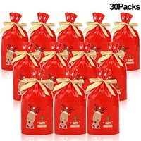 30 Pieces Christmas Drawstring Gift Bags Candy Cookie Bags Christmas Party Treat Bags Plastic Bags with Bow Tie for Xmas Party Favors, Wedding Birthday Party