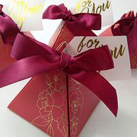 Triangle Wedding Party Favor Candy Box Chocolate Packaging Boxes Baby Shower Birthday Paper Gift Box Bag with Card and Ribbon (Dark red)