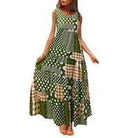 Women's Sleeveless Bohemian Print Plaid Midi Casual Flared Tank Beach Party Dress (M, Green)