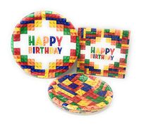 Party! Fun Building Blocks Birthday Supply Bundle Includes Lunch / Dinner Plates, Snack / Dessert Plates and Happy Birthday Napkins (Serves