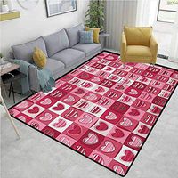 Love Home Bedroom Carpet Floor Mat, Hearts for Valentine Checked Pattern Square Geometric Vintage Artistic, Easy Maintenance Area Rug Living Room Bedroom Carpet(8'x 10') Pink Ruby Dried Rose White