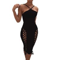 Womens Sexy Off Shoulder Sling Bodycon Dress Lace Up Cutout Mini Pencil Club Dress Tight Slim Evening Party Dresses Black