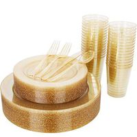 175 Pieces Gold Glitter Plastic Plates with Disposable Silverware and Cups, Includes: 25 Dinner Plates 10.25”, 25 Dessert Plates 7.5”, 50 Forks, 25 Knives,25 Spoons, 25 Cups 10oz