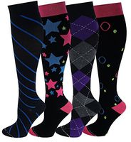 Different Touch 4 Pairs Moderate (15-20 mmHg ) Therapeutic Performance, Sports, Travelers , Anti-fatigue Cotton Compression Knee High Socks (Assorted 3, 9-11)