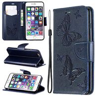 Cfrau Wallet Case with Black Stylus for iPhone 6s Plus,Pretty 3D Butterflies Embossed Magnetic Flip PU Leather Card Slots Kickstand Wrist Strap Case for iPhone 6 Plus/6S Plus 5.5 inch - Blue