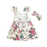 FANOUD 2PC Toddler Kids Girl Strap Floral Sleeveless Backless Princess Dresses+Headband (12M, White)