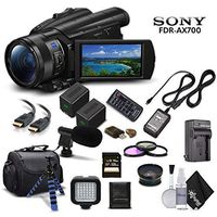 Sony Handycam FDR-AX700 4K HD Video Camera Camcorder + 2 Extra Batteries and Charger + 128GB Memory Card + Hard Case + Mic + Monitor and More (International Model) - Professional Bundle