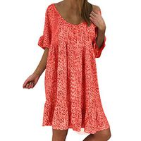Aniywn Women Ladies Round Neck Ruffle Short Sleeve Print Chiffon Loose Dress Plus Size Boho Mini Dress