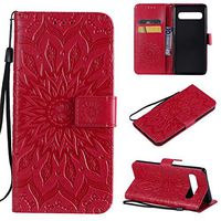 Cfrau Kickstand Wallet Case with Black Stylus for Samsung Galaxy S10 5G,Retro Mandala Sunflower PU Leather Magnetic Flip Folio Stand Soft Silicone Card Slots Case with Wrist Strap - Red
