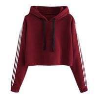 GHrcvdhw Autumn Womens Solid Striped Hoodie Pullover Jumper Long Sleeve Casual Hooded Sports Sweatshirt Tops Wine