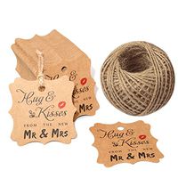 Wedding Favor Tags,100 Pcs Square Hug & Kisses from The New Mr & Mrs Gift Tags for Bridal Shower Anniversary with 100 Feet Jute Twine