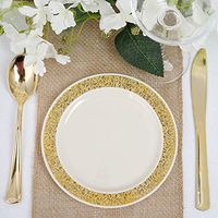 Efavormart 50 Pcs - Ivory with Gold Trimmed 6.25" Round Disposable Plastic Plate for Wedding Party Banquet - Picturesque Collection