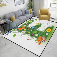 YucouHome Letter E Checkered Children's Software Games, E Symbol Nature Elements Wild Pasture Flowers Daisies Butterflies Colorful, Fashionable High Class Living Dinning Room(2'x 6') Green Multicolor
