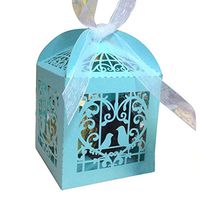 Sealike 50 Pcs Love Heart Birds Laser Hollow Out Candy Box Bomboniere with Ribbons Bridal Shower Wedding Party Favors Blue