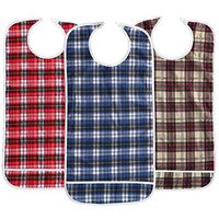 JINTAOFA Adult Bibs Eating Dining Clothing Protectors, Mealtime Protector with Crumb Catcher, Patient Care Bibs, Thickening Waterproof Pocket Trap Bib, Red Blue Khaki Lattice 3 Pack (17.7*35.4 inch)