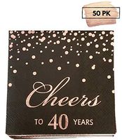 Rose Gold Foil Cocktail Napkins with Cheer 40 Years | Folded 5 x 5 Inches Disposable Party Napkins | 3-Ply Paper Beverage Napkins for 40th Birthday Decorations, Wedding Anniversary, Retirement, Black