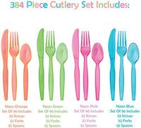 Tiger Chef Neon Glow In The Dark Party Supplies - Hard Plastic Cutlery In Pink, Blue, Green and Orange - 384 Pieces