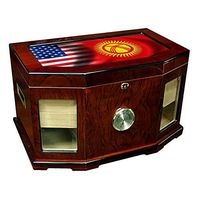 Large Premium Desktop Humidor - Glass Top - Flag of Kyrgyzstan (Kyrgyz) - Waves with USA Flag - 300 Cigar Capacity - Cedar Lined with Two humidifiers & Large Front Mounted Hygrometer.