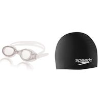 Speedo Hydrospex Classic Swim Goggle, Clear and Silicone Solid Swim Cap, Black, One Size