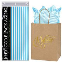 Flexicore Packaging Natural Brown Kraft Paper Welcome Bags & Turquoise Gift Wrap Tissue Paper | Size: 8 Inch X 4.75 Inch X 10.5 Inch | Count: 5 Bags | Color: Turquoise Pin Stripe