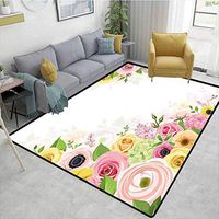 Bigdatastore Anemone Flower Moiré Kids Carpet Playmat Rug, Roses Ranunculus and Hydrangea Flowers and Green Leaves Frame, Easy Maintenance Area Rug Living Room Bedroom Carpet(2.5'x 9')