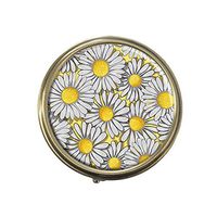 White daisys Custom Fashion Bronze Tone Round Pill Box Medicine Tablet Holder Wallet Organizer Case for Pocket or Purse
