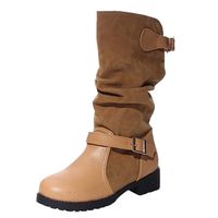 Wadonerful Women Mid-Boots Round Toe Low Block Heel Buckle-Strap Shoes Suede Leather Patchwork Snow Boot Long Tube Boots (7.5, Brown)